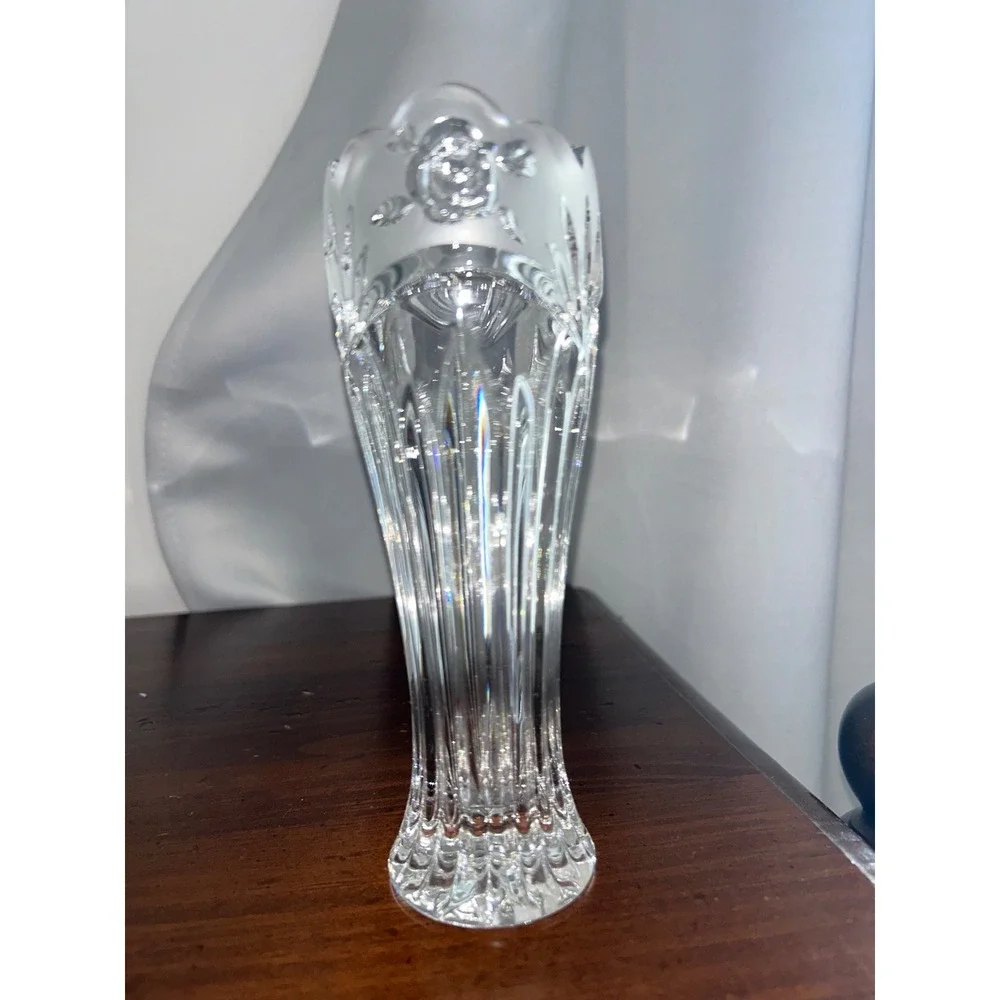 Vintage Oneida Frosted Rose Crystal Bud Vase Scalloped Clear Glass Trumpet